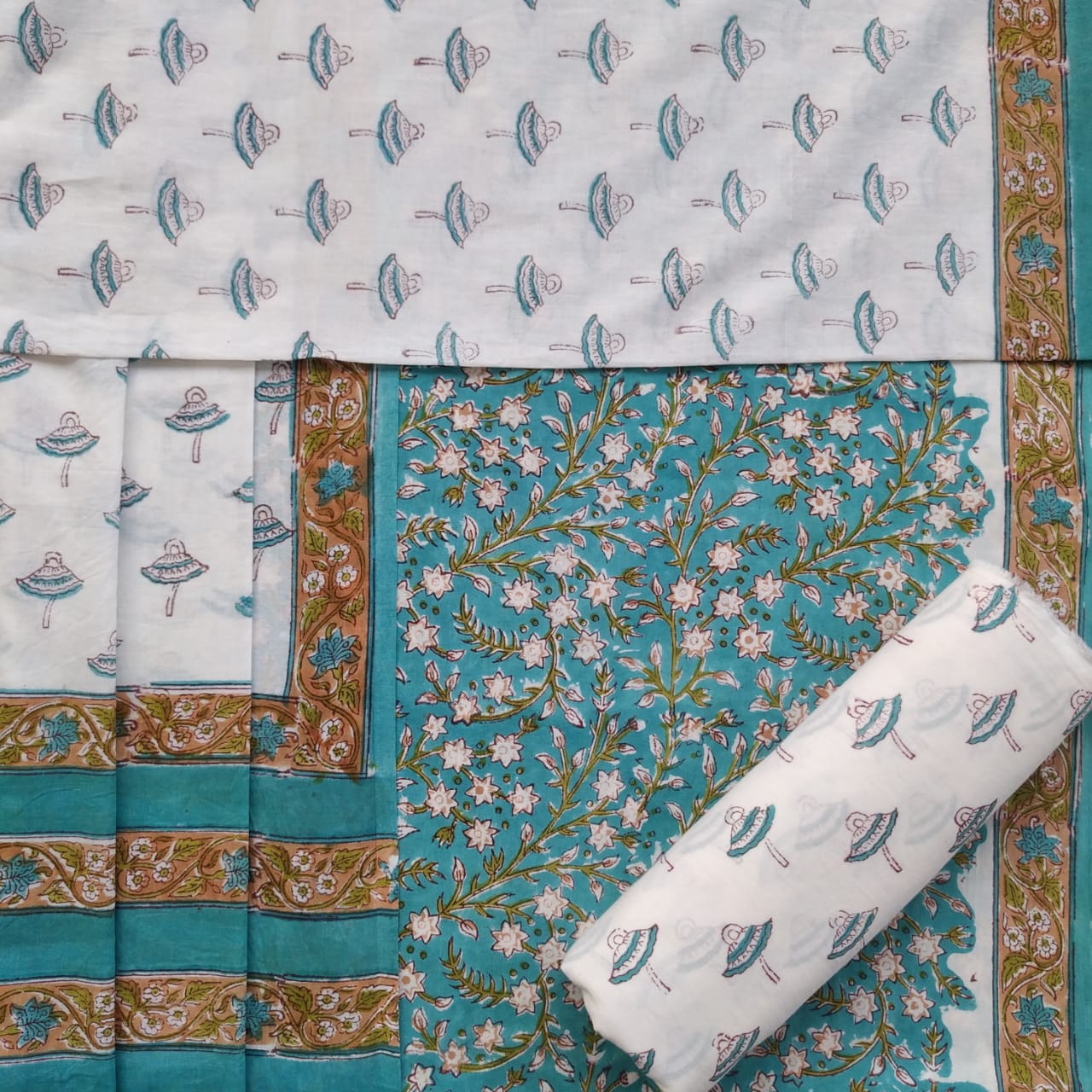 Shop Unstitched Hand Block Print Pure Cotton Suits with Mulmul Dupatta (PRMUL175)