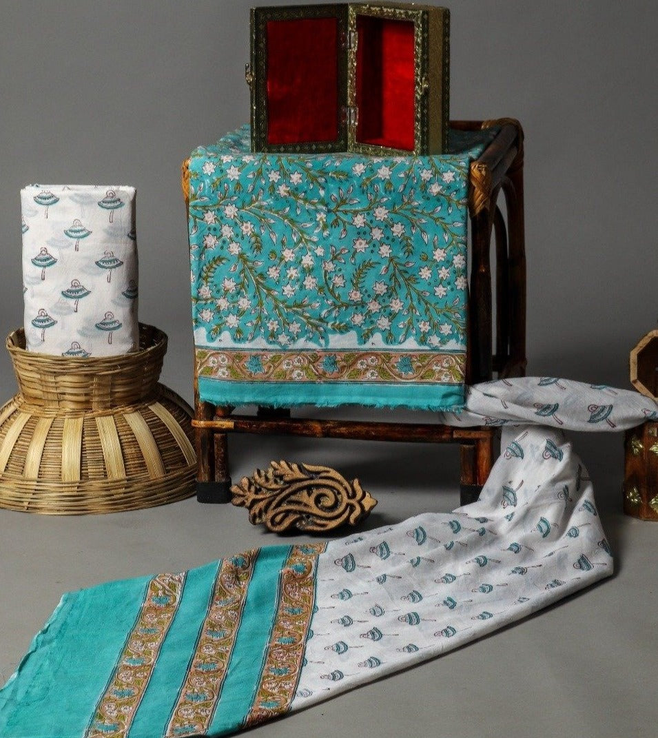 Shop Unstitched Hand Block Print Pure Cotton Suits with Mulmul Dupatta (PRMUL175)