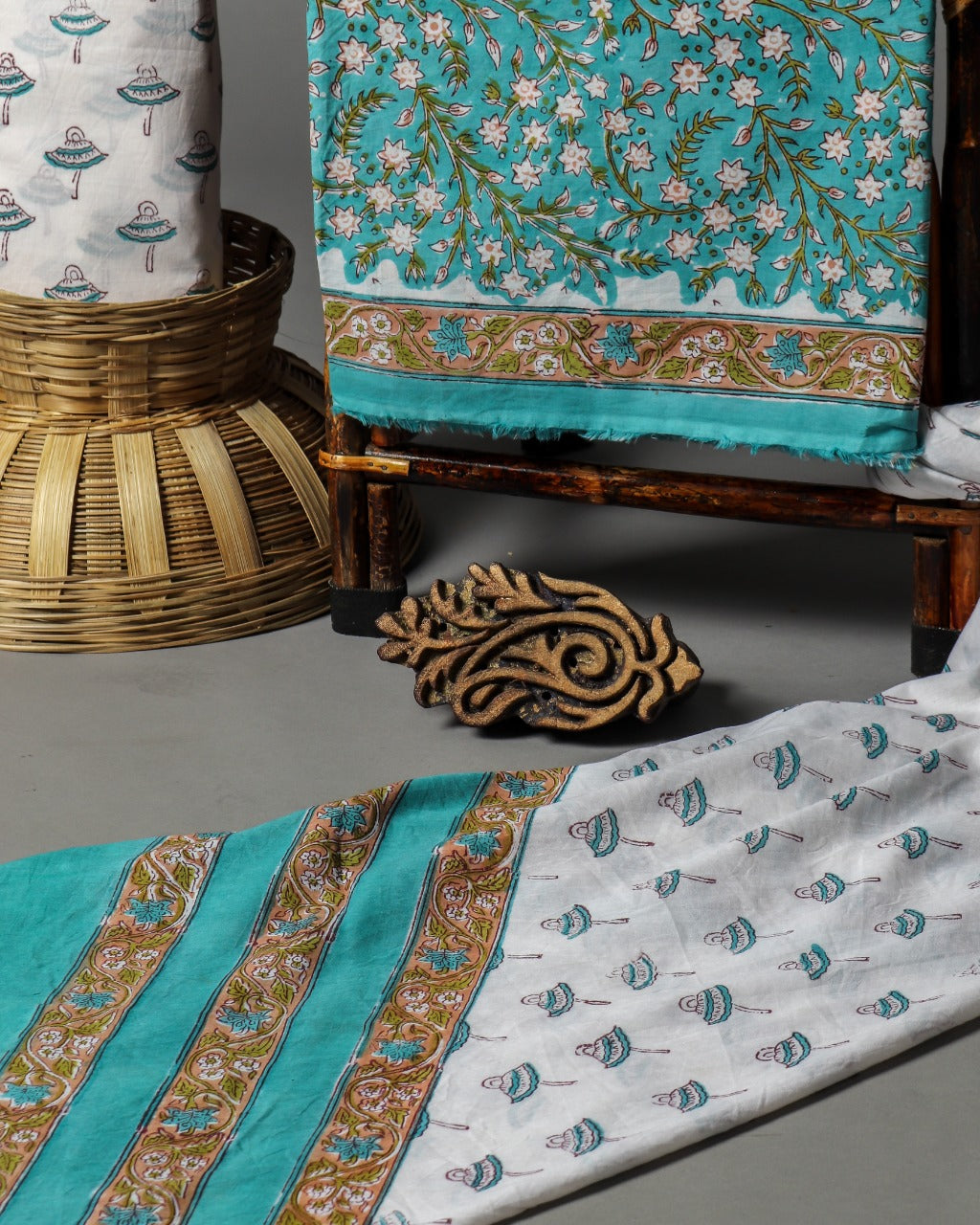 Shop Unstitched Hand Block Print Pure Cotton Suits with Mulmul Dupatta (PRMUL175)