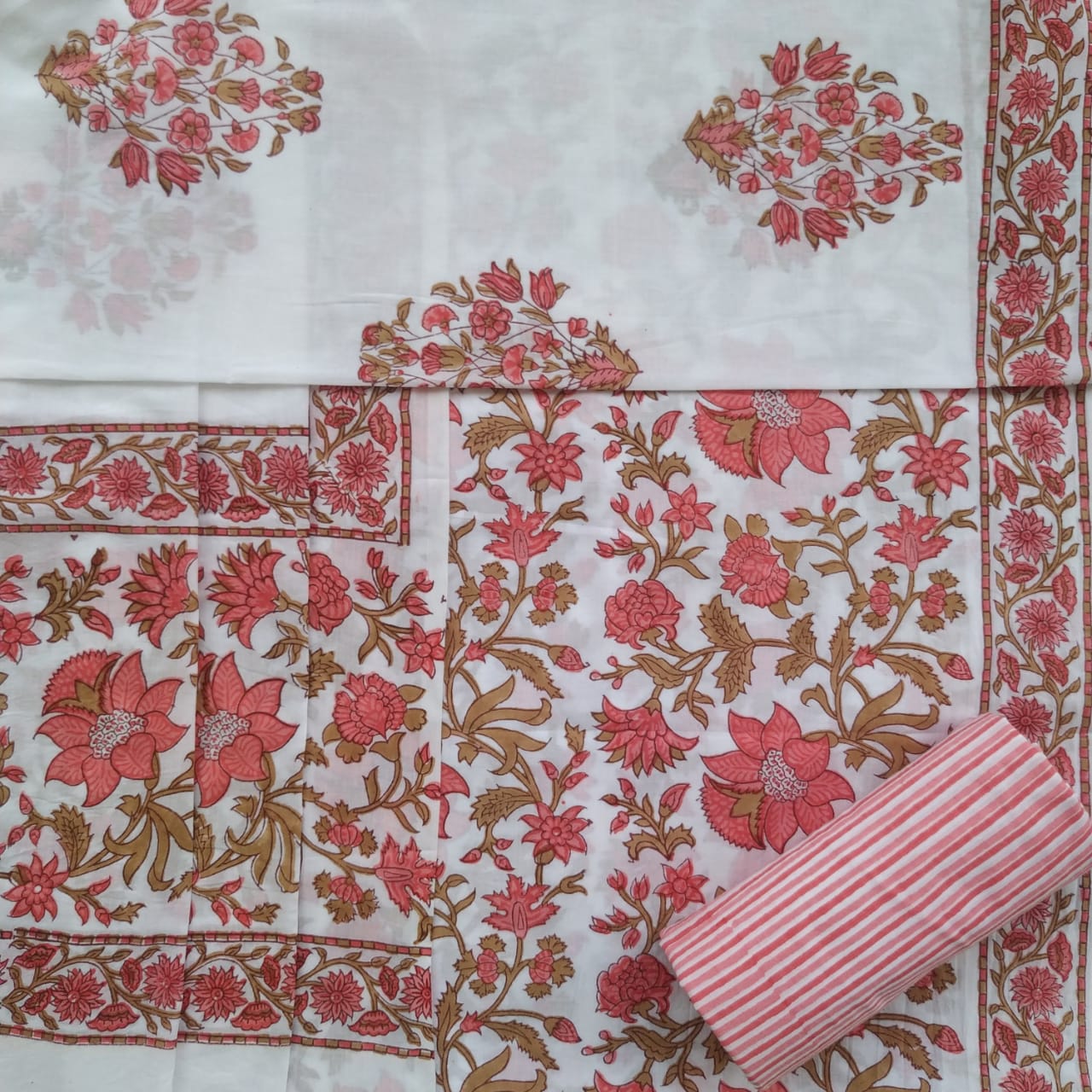 Shop Unstitched Hand Block Print Pure Cotton Suits with Mulmul Dupatta (PRMUL178)