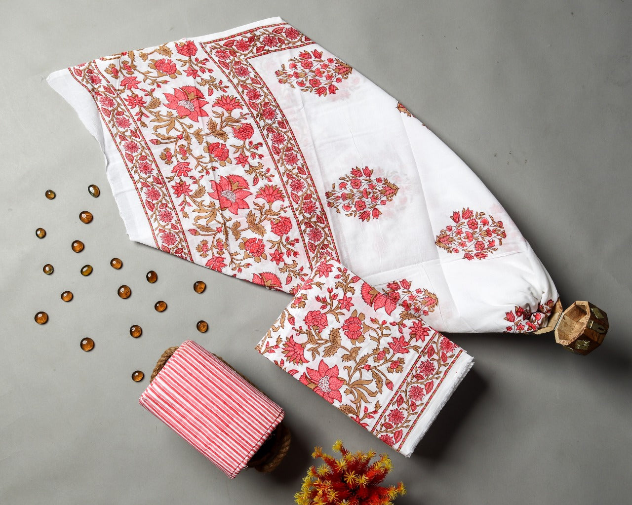 Shop Unstitched Hand Block Print Pure Cotton Suits with Mulmul Dupatta (PRMUL178)