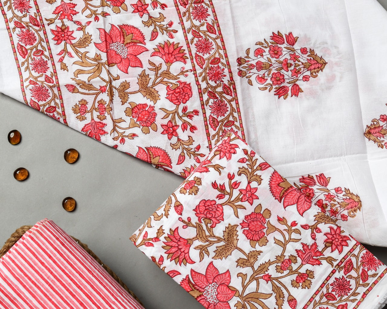 Shop Unstitched Hand Block Print Pure Cotton Suits with Mulmul Dupatta (PRMUL178)