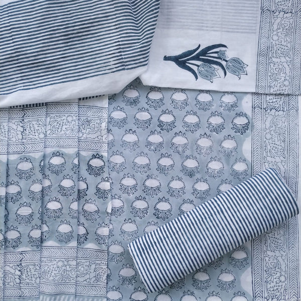Shop Unstitched Hand Block Print Pure Cotton Suits with Mulmul Dupatta (PRMUL193)