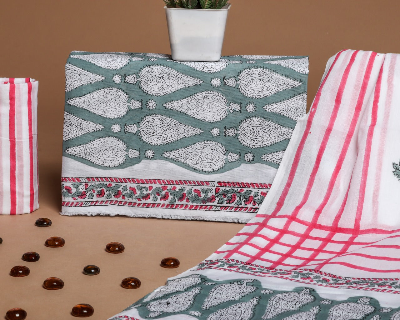 shop unstitched hand block print cotton suit with mulmul dupatta