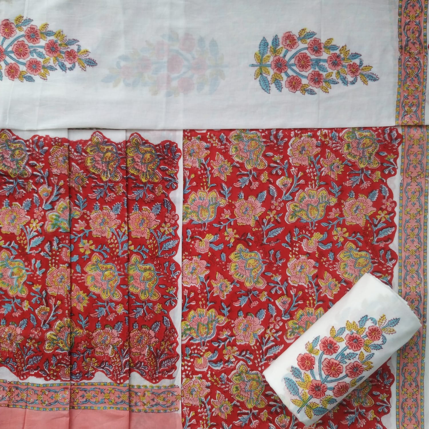 Shop unstitched cotton suit set with mulmul dupatta (PRMUL316)