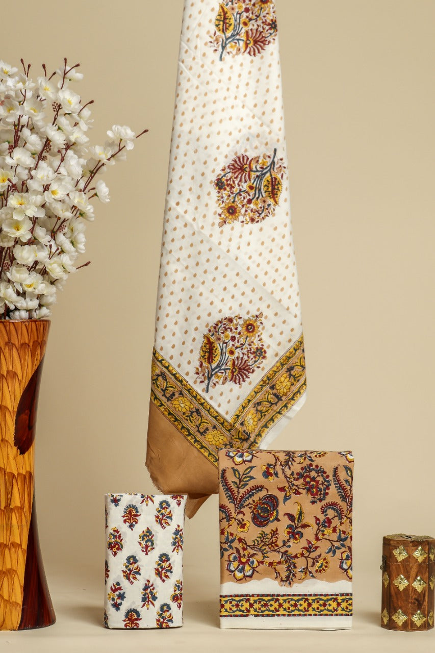 Shop block print cotton suit sets with mulmul dupatta (PRMUL337)