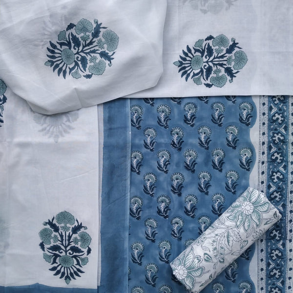 Shop block print cotton suit material with mulmul dupatta online (PRMUL354)