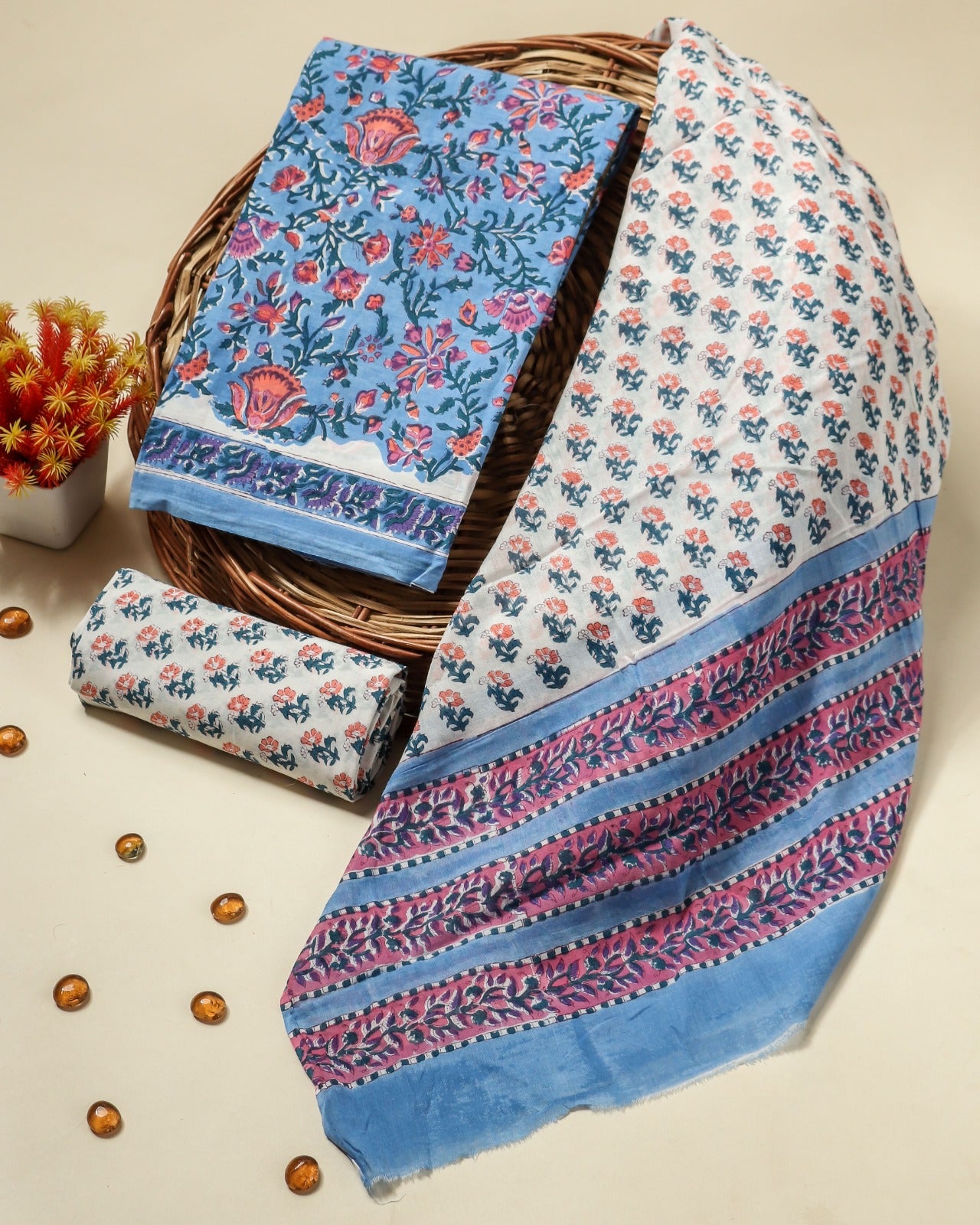 Shop hand block print cotton suit sets with mulmul dupatta (PRMUL370)
