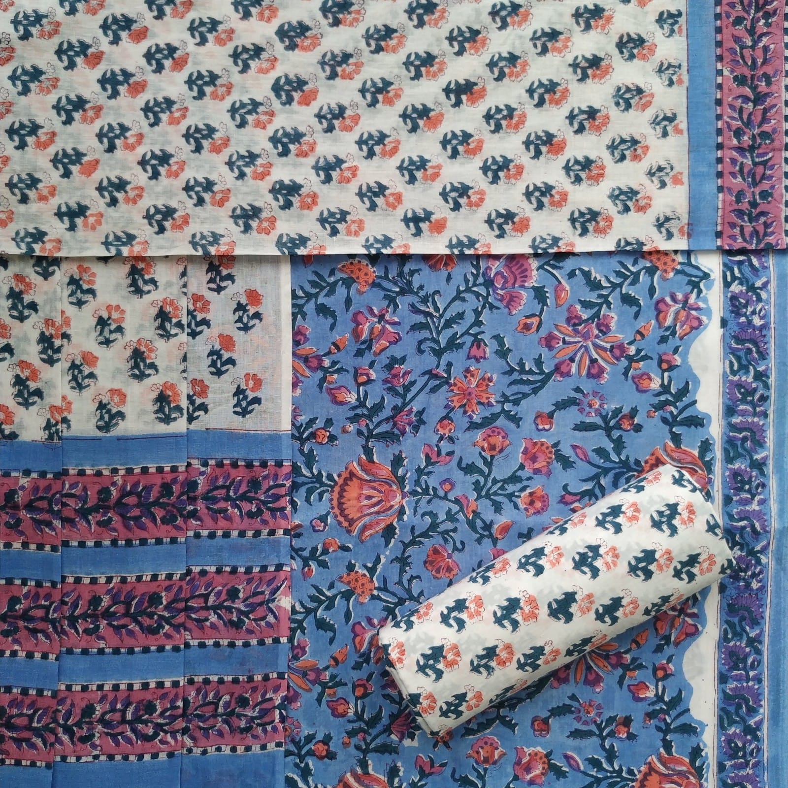 Shop hand block print cotton suit sets with mulmul dupatta (PRMUL370)