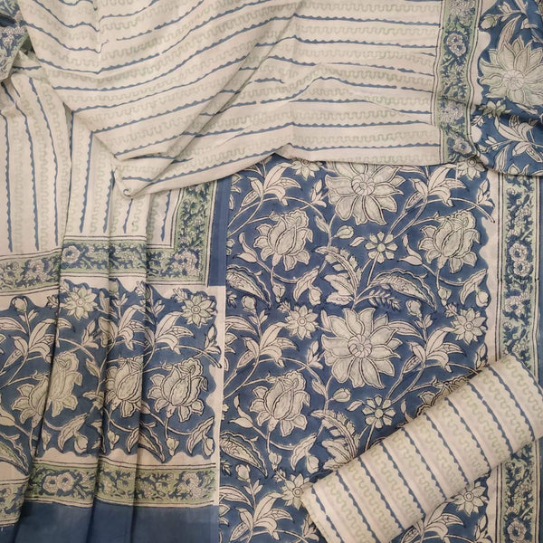 Designer Hand Block Printed Cotton Suits with Mulmul Dupatta (PRMUL52) - ShalviFashion