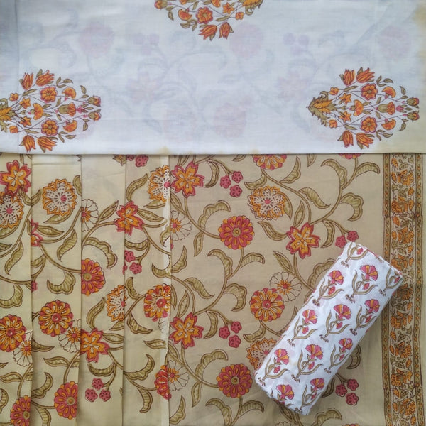 Floral Hand Block Print Cotton Suit with Mulmul Dupatta (PRMUL57) - ShalviFashion