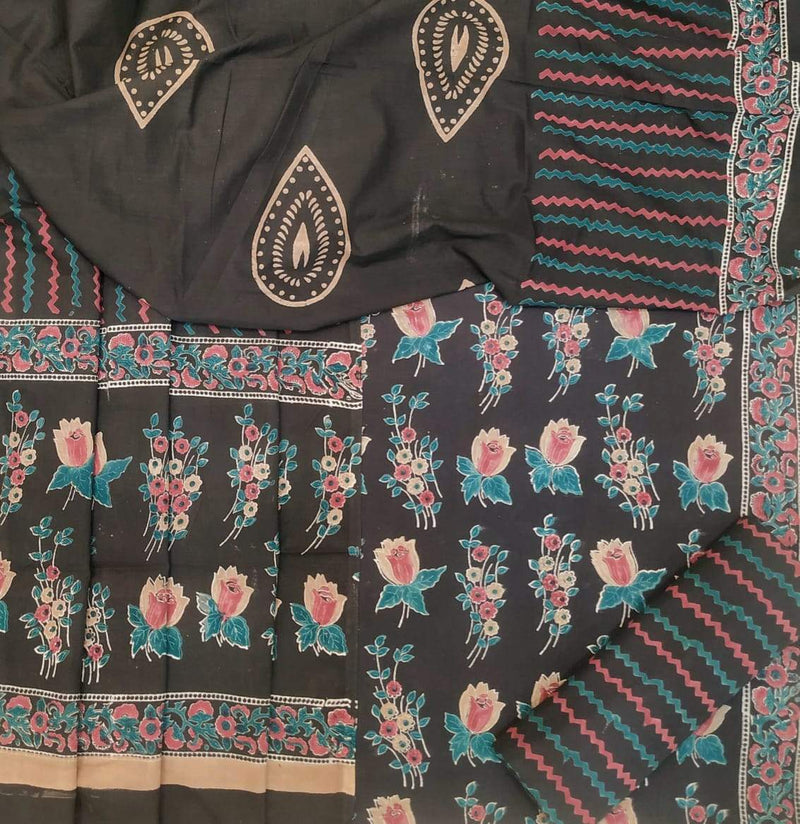 Traditional Hand Block Print Cotton Suit with Mulmul Dupatta (PRMUL58) - ShalviFashion