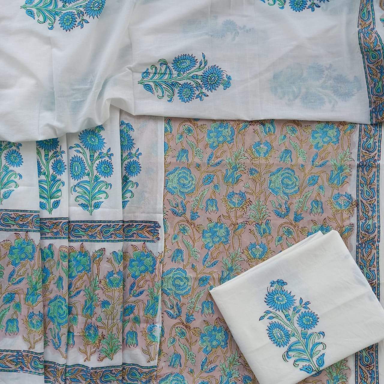 Shop Unstitched Hand Block Print Pure Cotton Suit material with Mulmul Dupatta (PRMUL82)