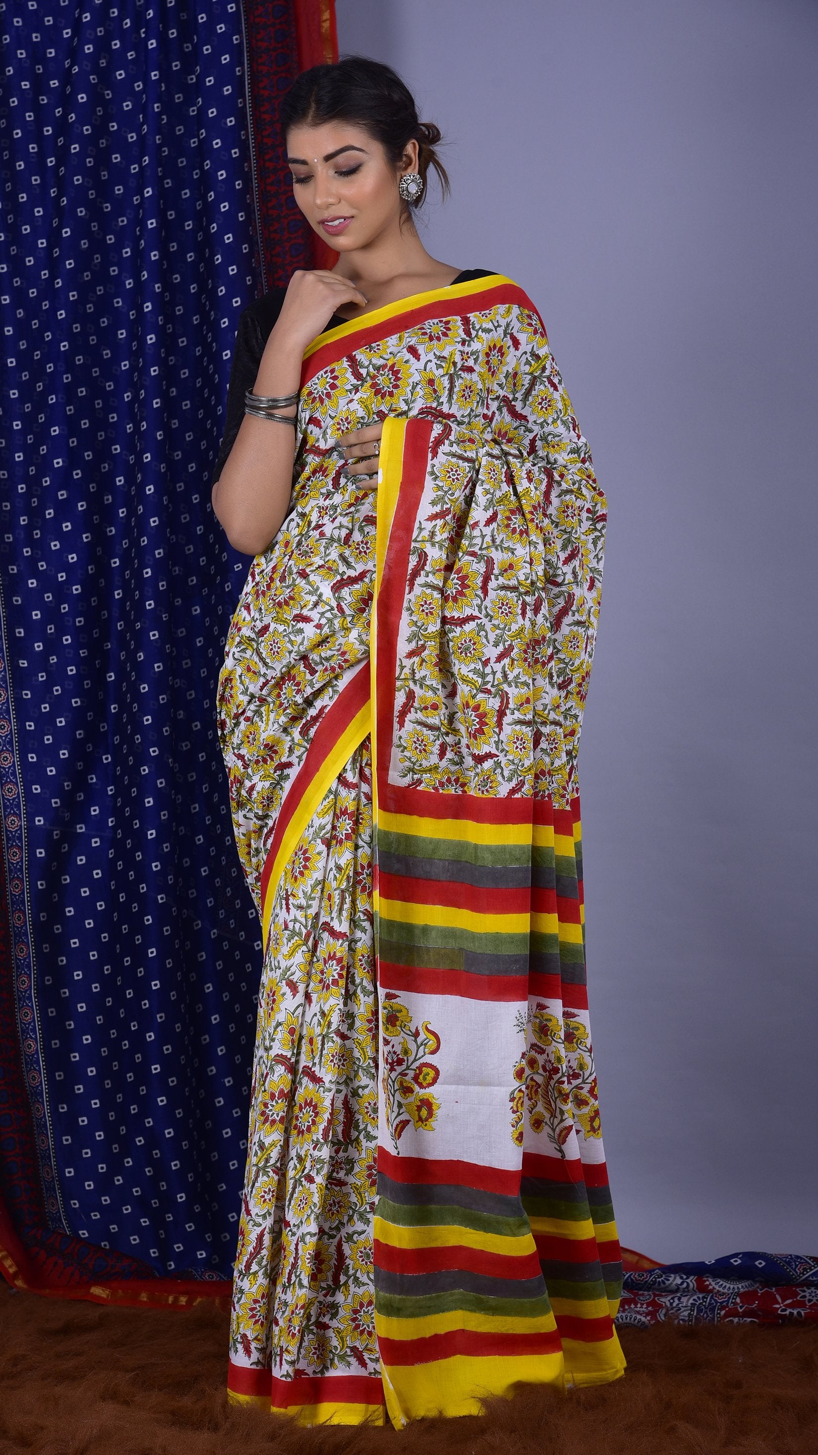 Beautifully Handblocked Yellow and Red Jaal Saree - ShalviFashion