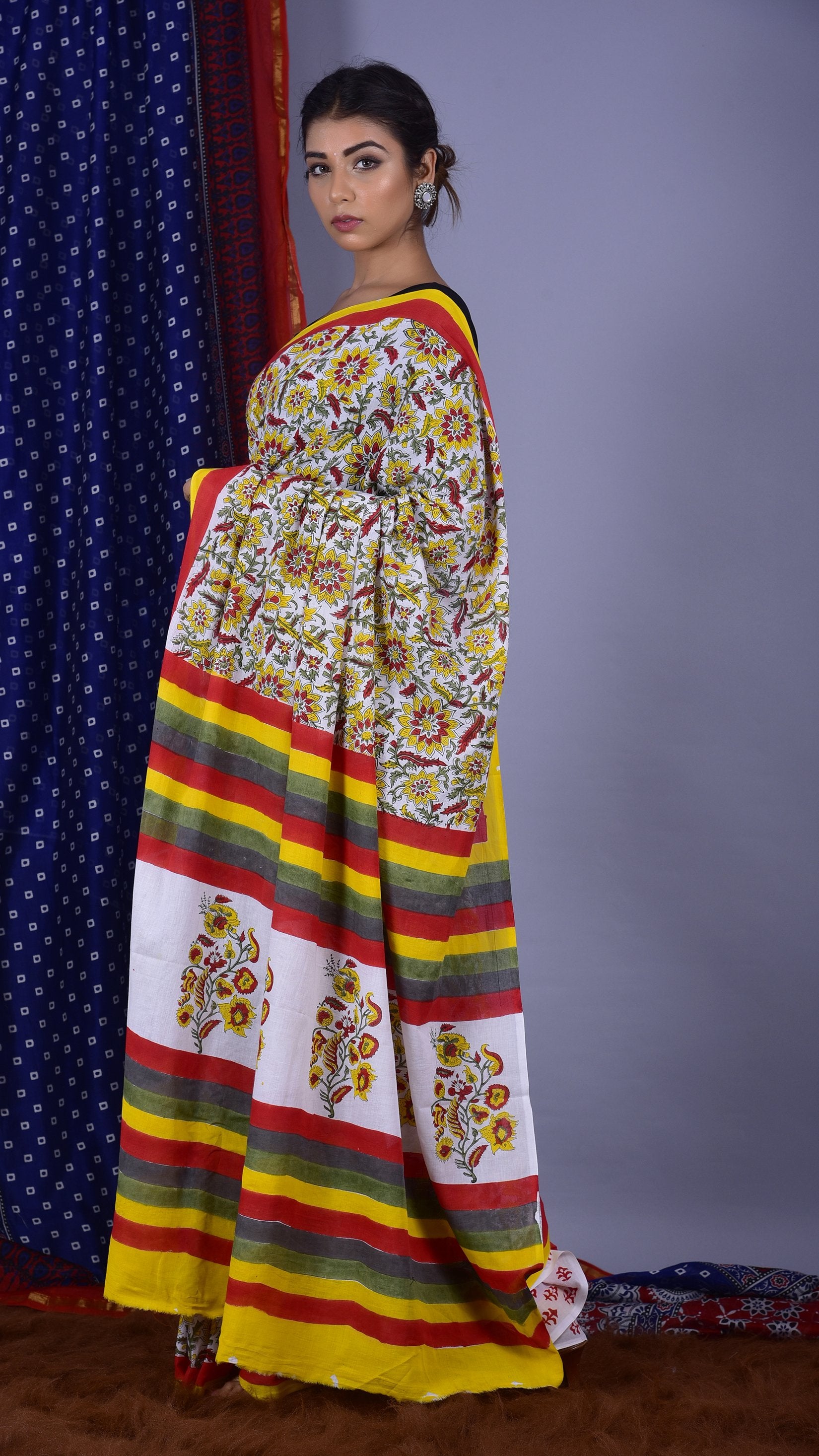 Beautifully Handblocked Yellow and Red Jaal Saree - ShalviFashion