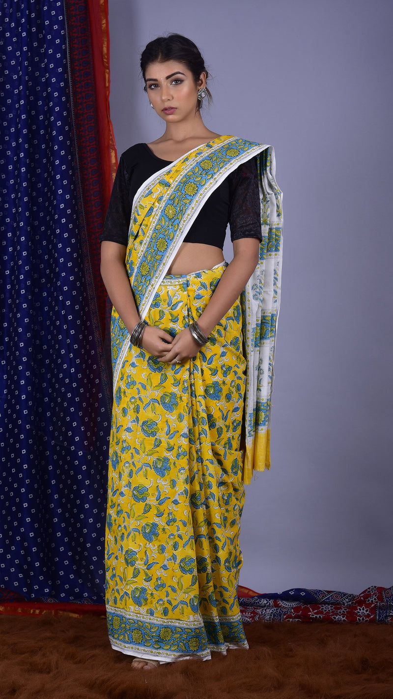 Handcrafted Yellow and Green Jaal Saree - ShalviFashion