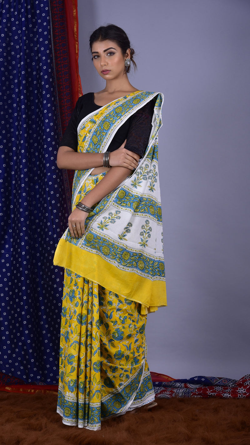 Handcrafted Yellow and Green Jaal Saree - ShalviFashion