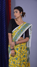 Handcrafted Yellow and Green Jaal Saree - ShalviFashion