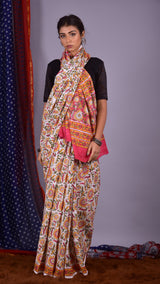 Handcrafted Saree with pink & yellow jaal - ShalviFashion