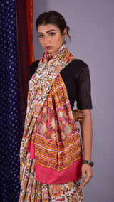 Handcrafted Saree with pink & yellow jaal - ShalviFashion