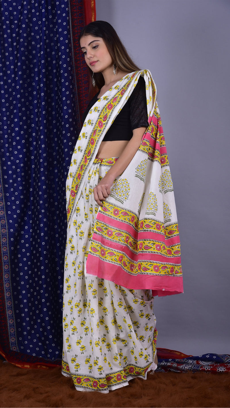 Handcrafted Saree with yellow cherry flower. - ShalviFashion