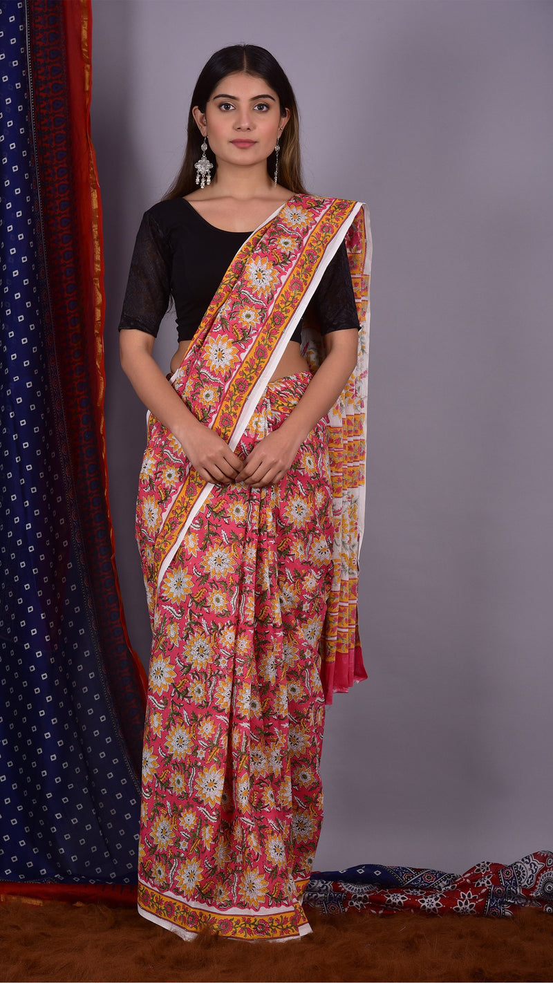 Handcrafted Pink saree with Yellow Jaal - ShalviFashion