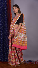 Handcrafted Pink saree with Yellow Jaal - ShalviFashion