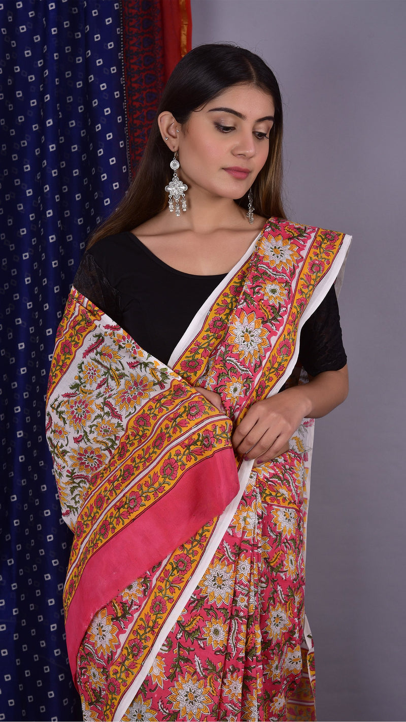 Handcrafted Pink saree with Yellow Jaal - ShalviFashion