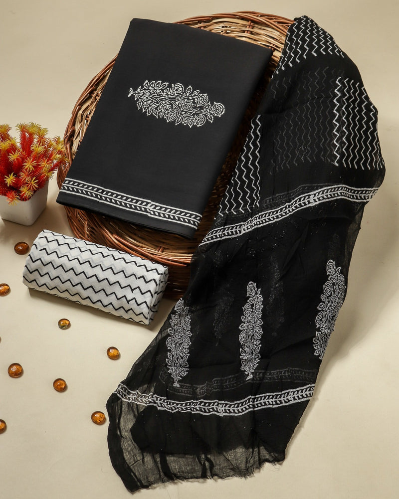 Shop hand block print cotton suits with chiffon dupatta (RCHF97)
