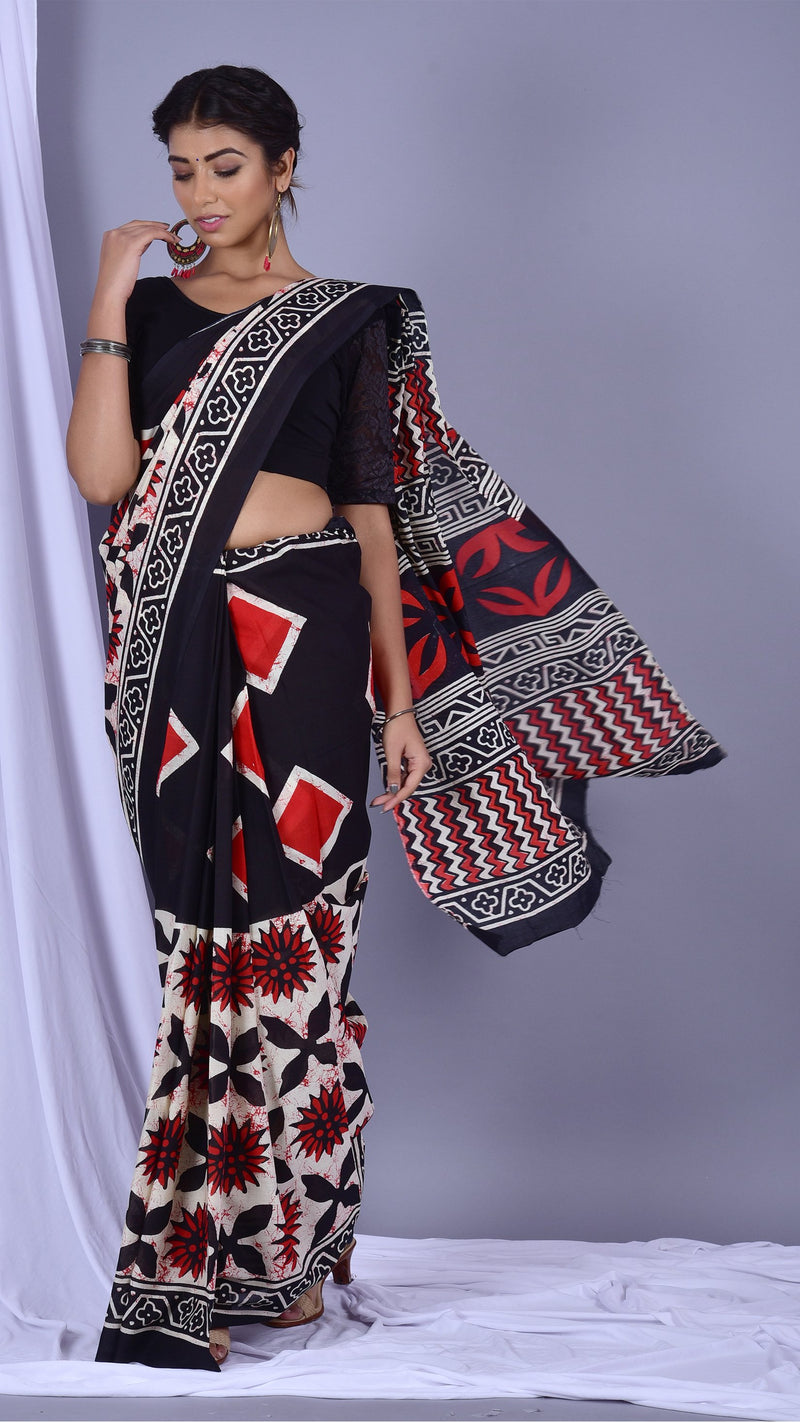 Designer Mulmul Handblock Printed Sarees (RMULSAR10) - ShalviFashion