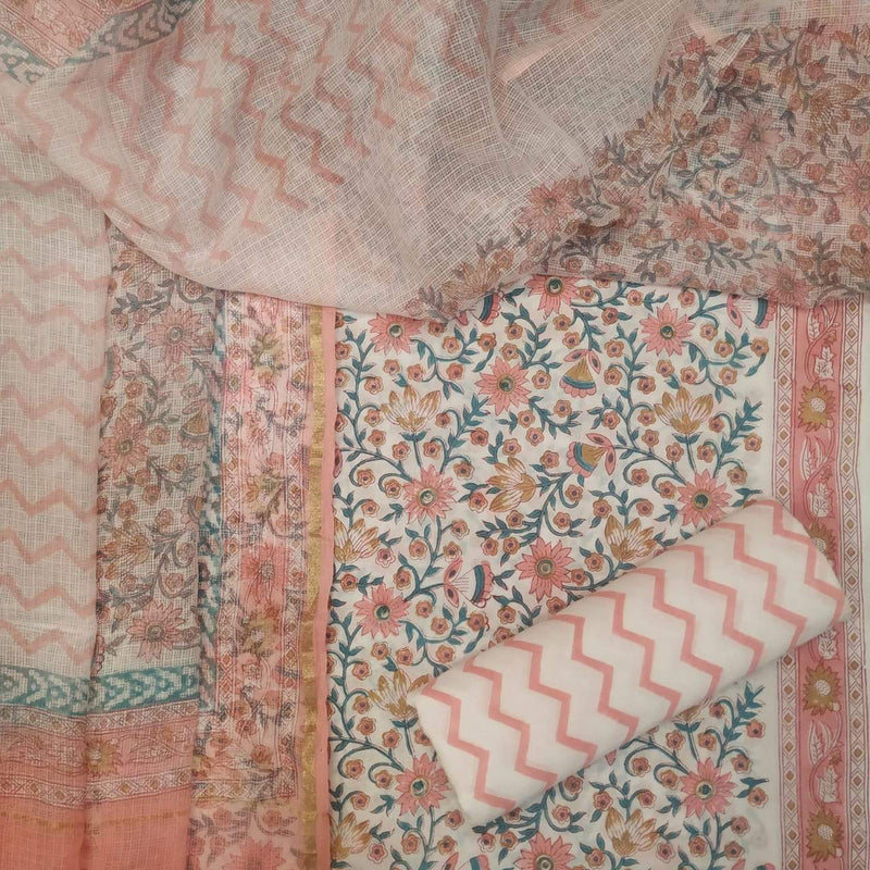 Shop Unstitched Hand Block Print Pure Cotton Suits with Kota Doria Dupatta (T3CKD144)