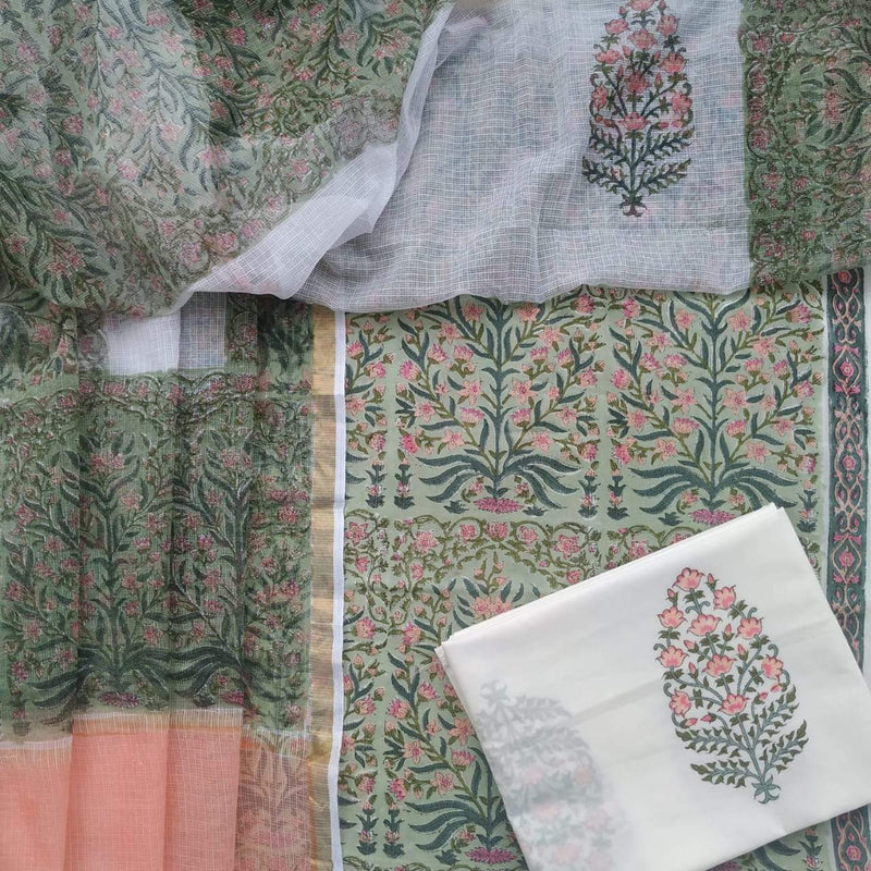 Shop Unstitched Hand Block Print Pure Cotton Suits with Kota Doria Dupatta (T3CKD180)