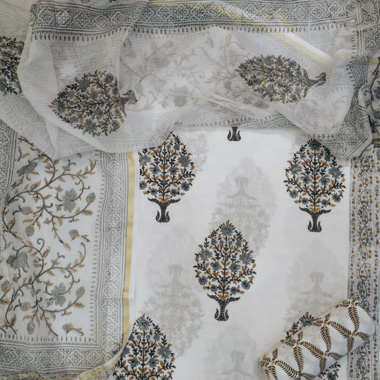 Shop Unstitched Hand Block Print Pure Cotton Suit with Kota Doria Dupatta (T3CKD22)