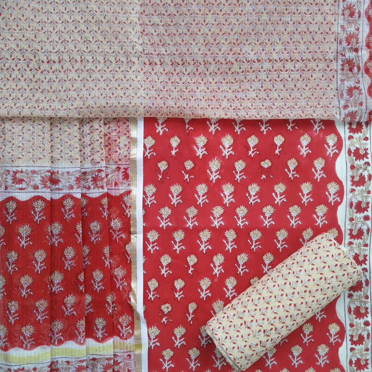 Shop Unstitched Hand Block Print Pure Cotton Suits with Kota Doria Dupatta (T3CKD338)