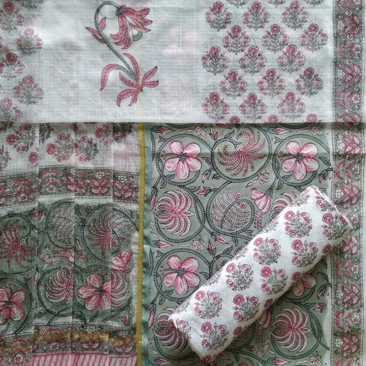 Shop Unstitched Hand Block Print Pure Cotton Suits with Kota Doria Dupatta (T3CKD377)