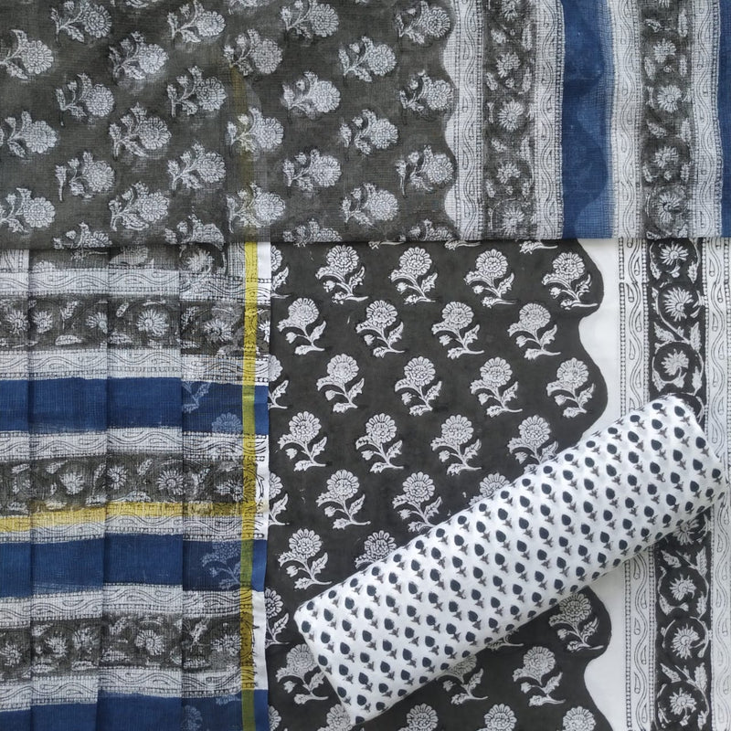 shop unstitched hand block print cotton suits with kota doria dupatta