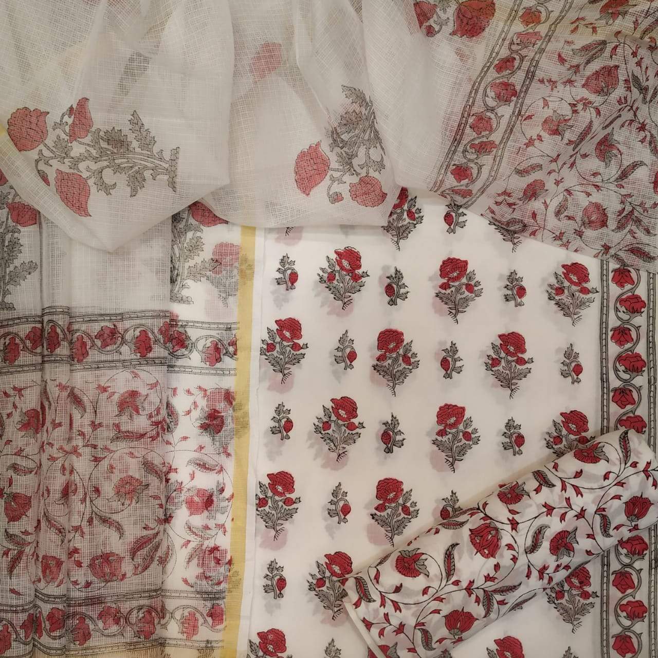 Shop Unstitched Hand Block Print Pure Cotton Suit with Kota Doria Dupatta (T3CKD95)