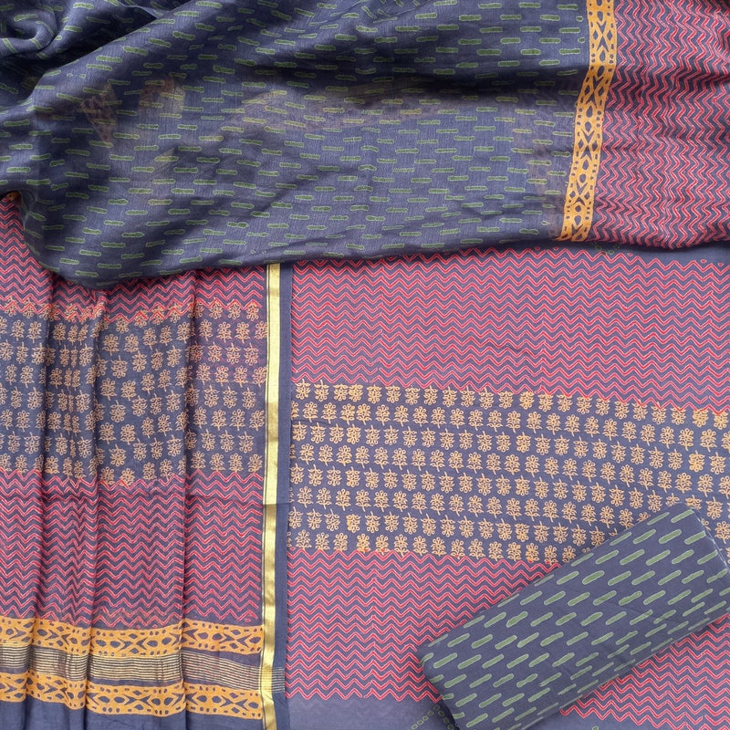 Shop Unstitched Hand Block Print Chanderi Silk Suit sets (TCHA286)
