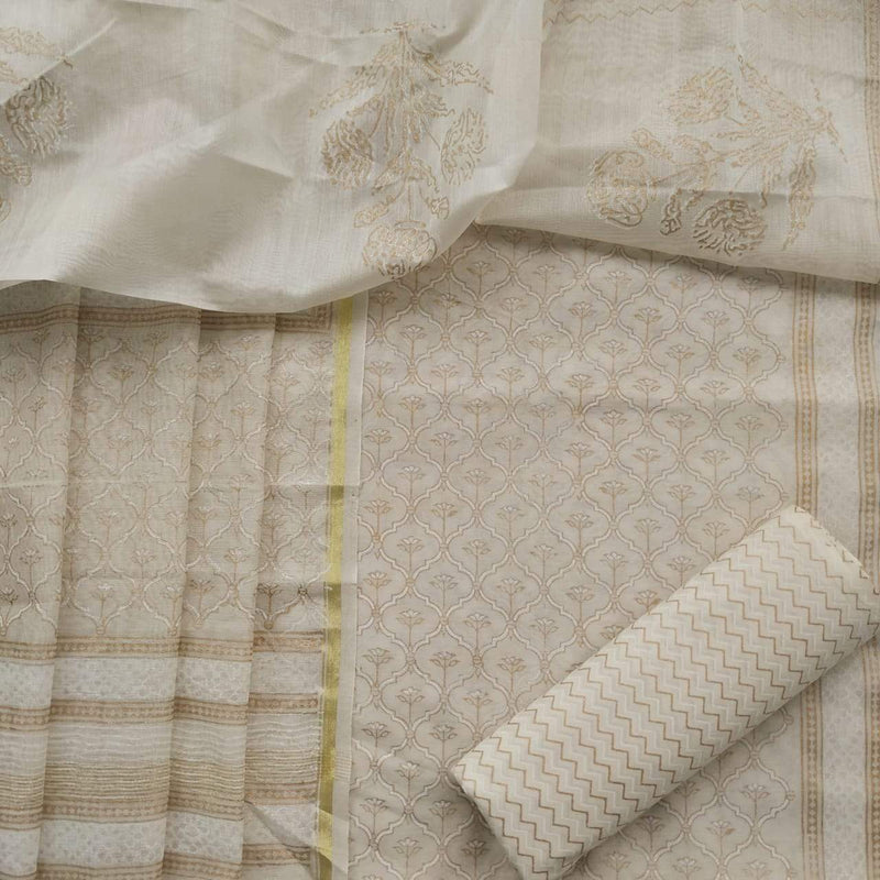 Shop Unstitched Hand Block Print Chanderi Silk Suit sets (TCHA314)