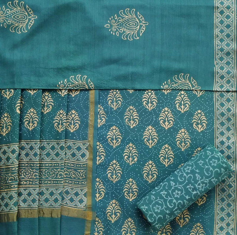 Shop Unstitched Hand Block Print Chanderi Silk Suit sets (TCHA428)