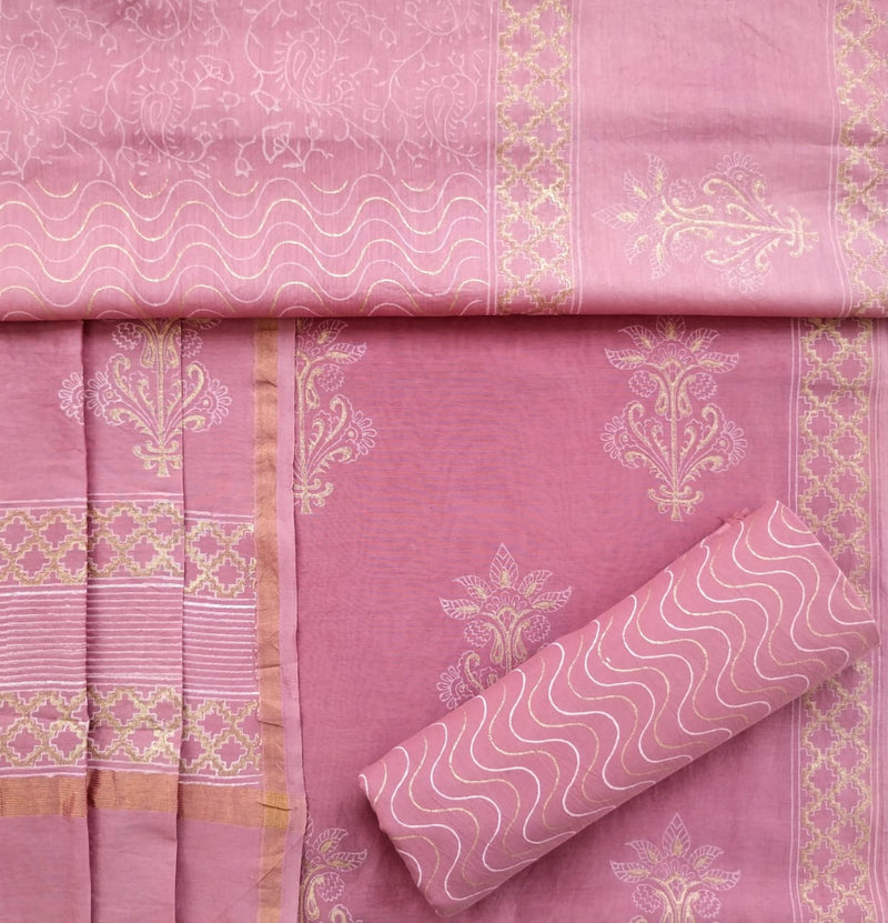 Shop Unstitched Hand Block Print Chanderi Silk Suit sets (TCHA485)