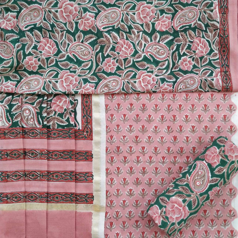 Shop Unstitched Hand Block Print Pure Cotton Suits with Premium Chanderi Silk Dupatta (TCHD79)