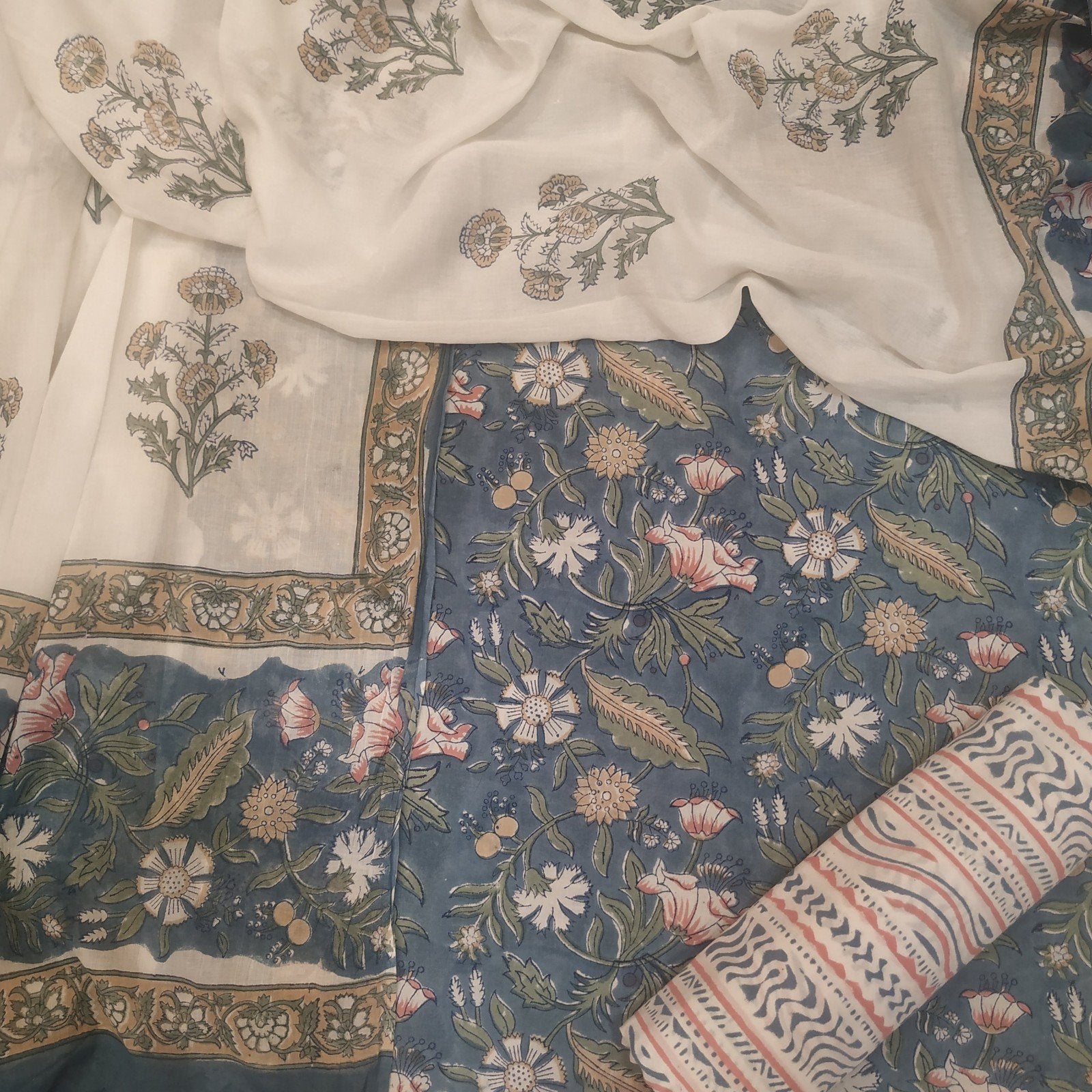 Shop Unstitched Block Print Pure Cotton Dress Material with Cotton Mulmul Dupatta (TCLA35)