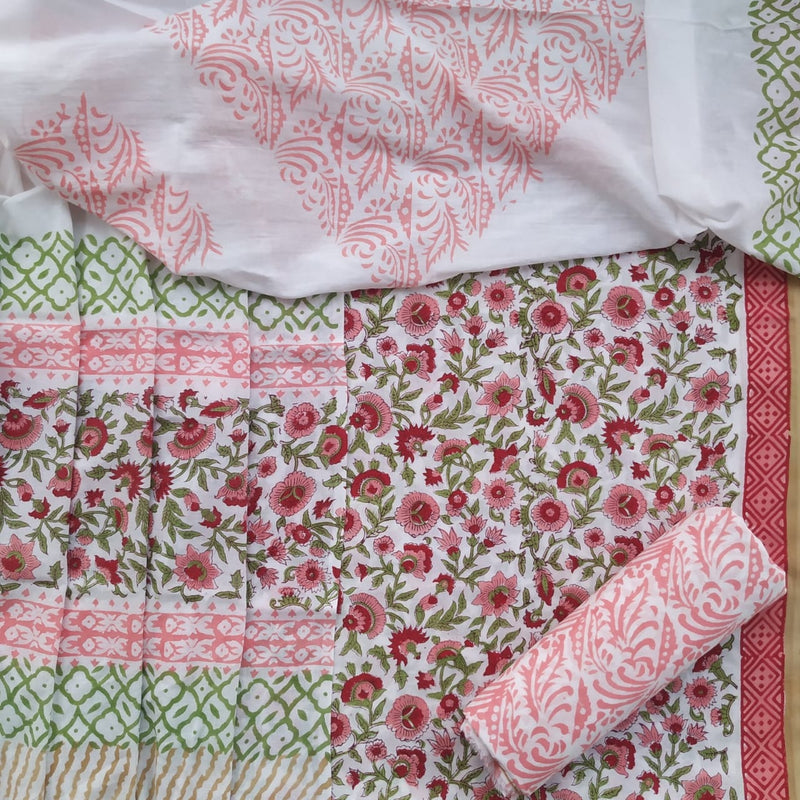 Shop Unstitched Block Print Pure Cotton Suits with Mulmul Dupatta (TCOT76)