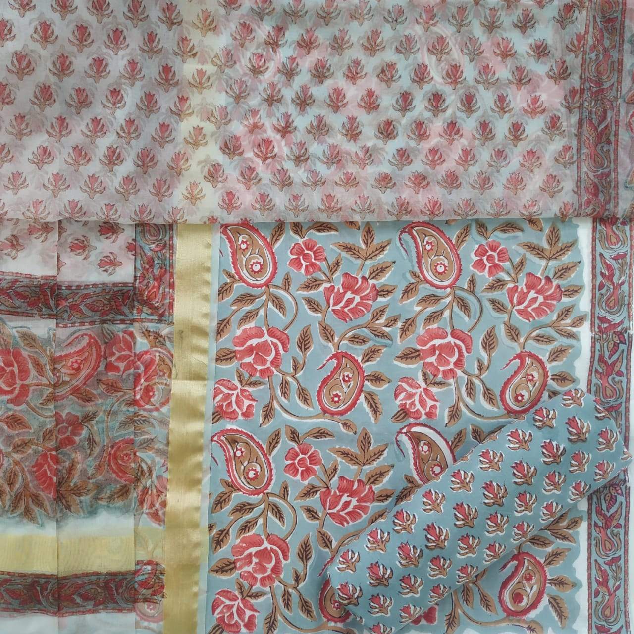 Shop Unstitched Block Print Pure Cotton Suits with Organza Dupatta (TORG67)