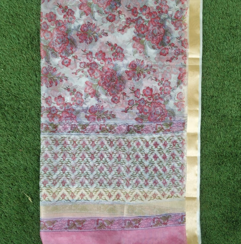 Shop Unstitched Hand Block Print Pure Cotton Suits with Organza Dupatta (TORG90)