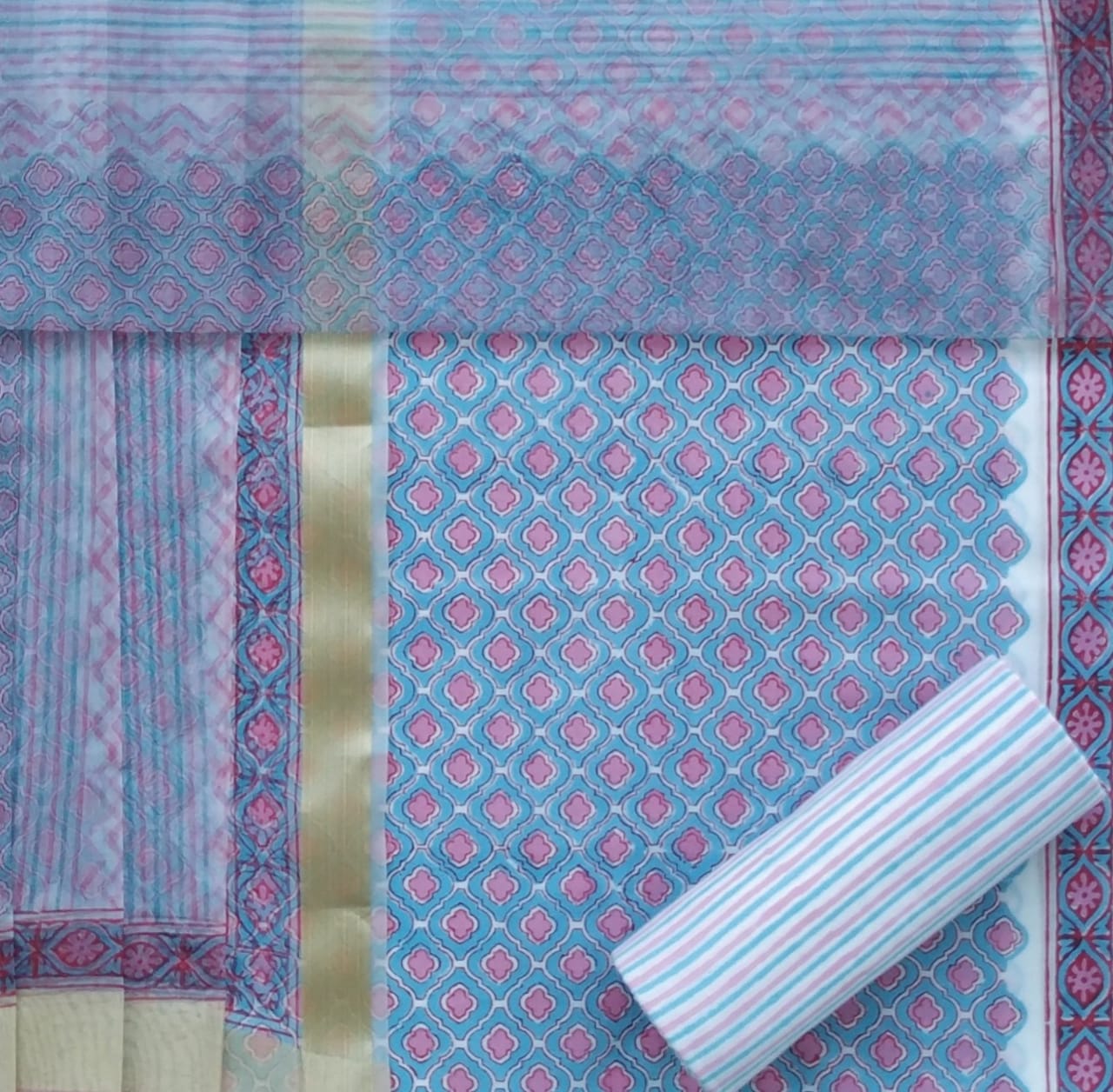 Shop Unstitched Block Print Pure Cotton Suits with Organza Dupatta (TORG93)