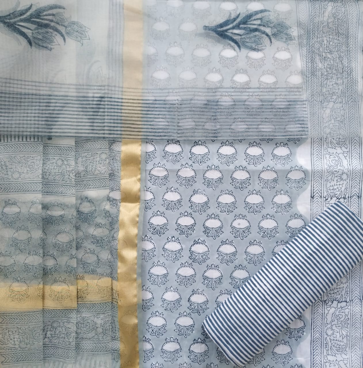 Shop Unstitched Designer Block Print Pure Cotton Suits with Organza Dupatta (TORG98)