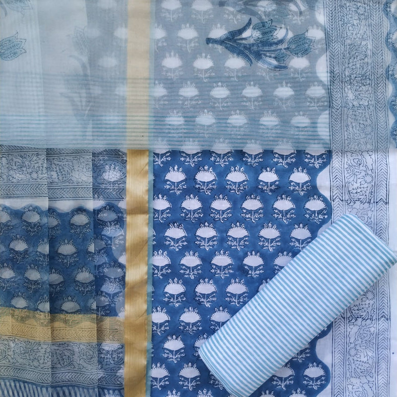 Shop Unstitched Designer Block Print Pure Cotton Suits with Organza Dupatta (TORG98)