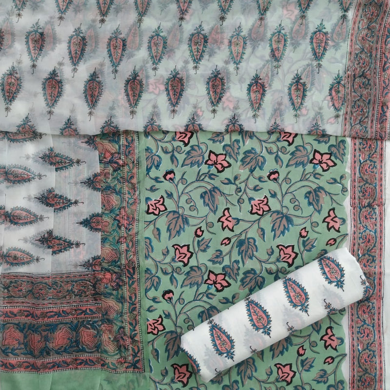 Shop Unstitched Hand Block Print Pure Cotton Chiffon Dupatta Suits (TPCHF134)
